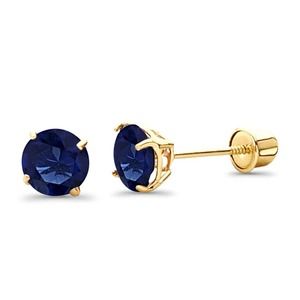 Solid 14K Yellow Gold Blue Sapphire CZ Round Stud Earrings Screw Back 5mm